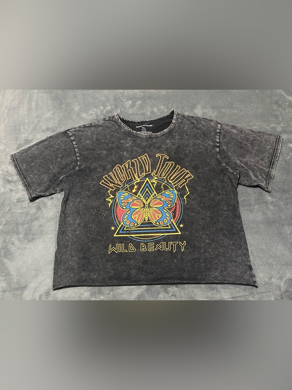 Caution To The Wind Black Graphic Crop Top with Multicolor Butterfly